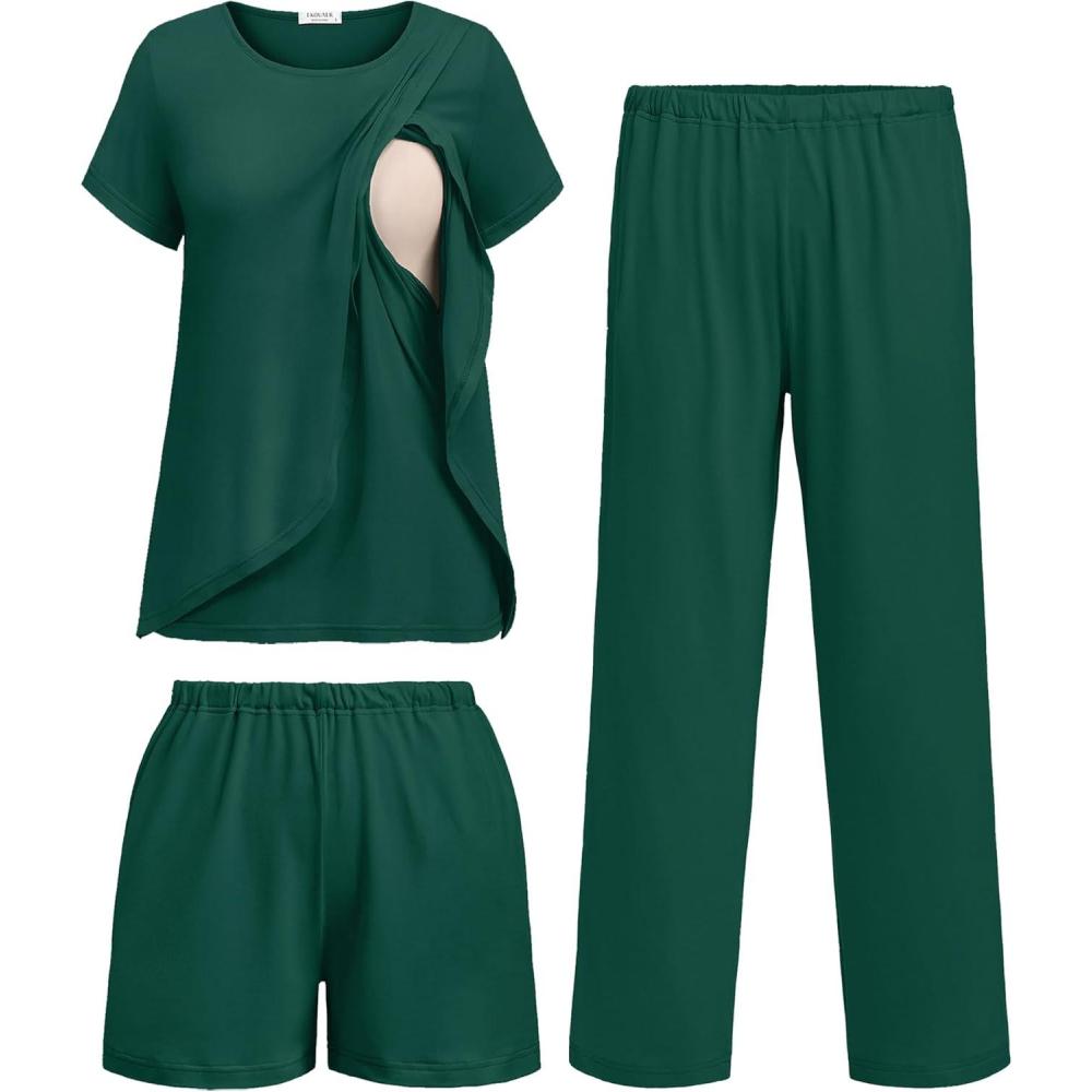 imageEkouaer 3 PCS Maternity Nursing Pajamas Set Postpartum Breastfeeding Short Sleeve Shirts Pregnancy Shorts amp Pants Pjs SXXLDark Green