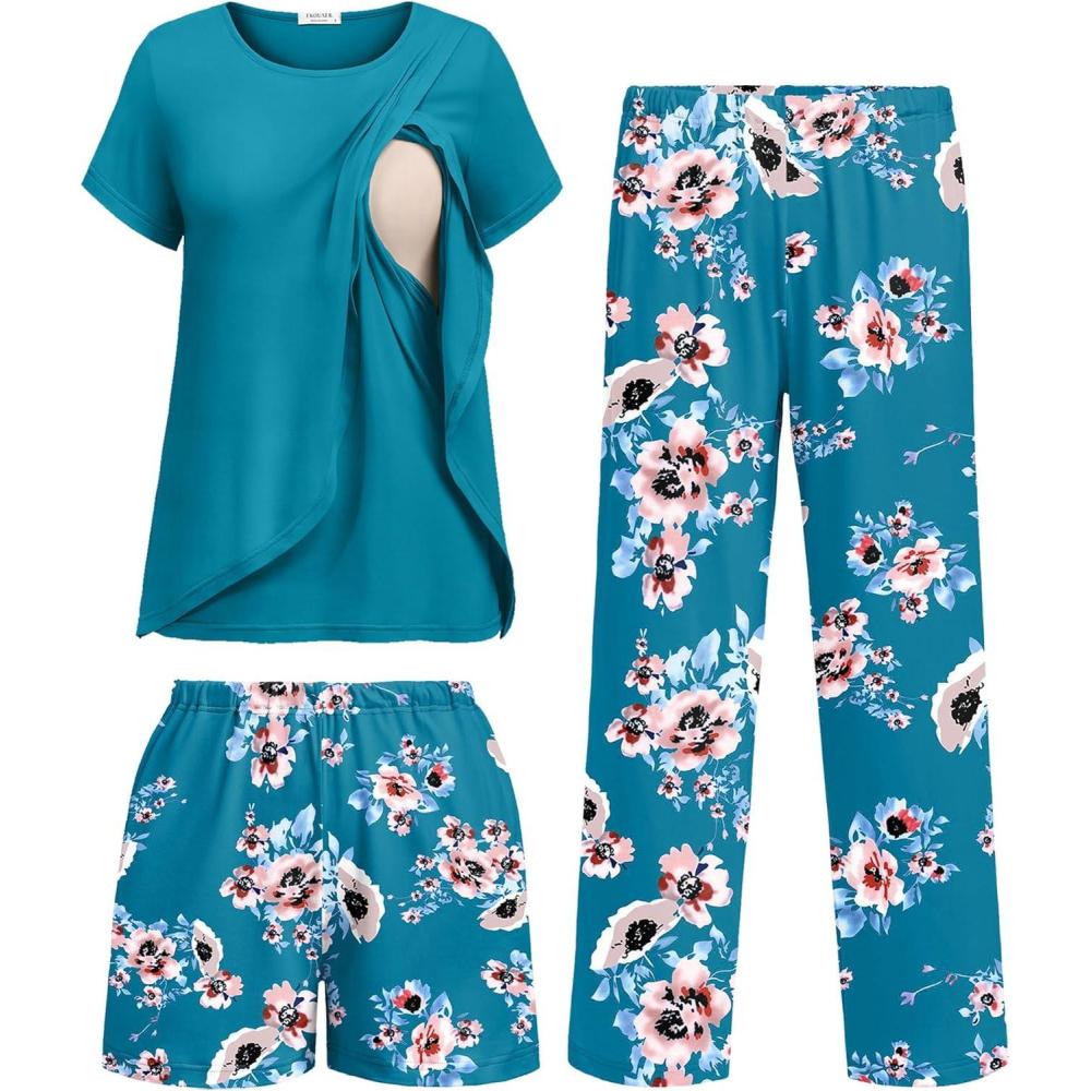 imageEkouaer 3 PCS Maternity Nursing Pajamas Set Postpartum Breastfeeding Short Sleeve Shirts Pregnancy Shorts amp Pants Pjs SXXLGreen Print