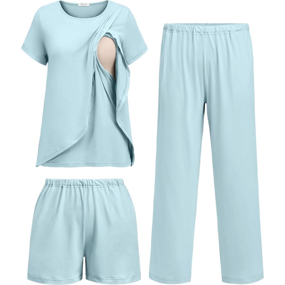 imageEkouaer 3 PCS Maternity Nursing Pajamas Set Postpartum Breastfeeding Short Sleeve Shirts Pregnancy Shorts amp Pants Pjs SXXLLight Blue
