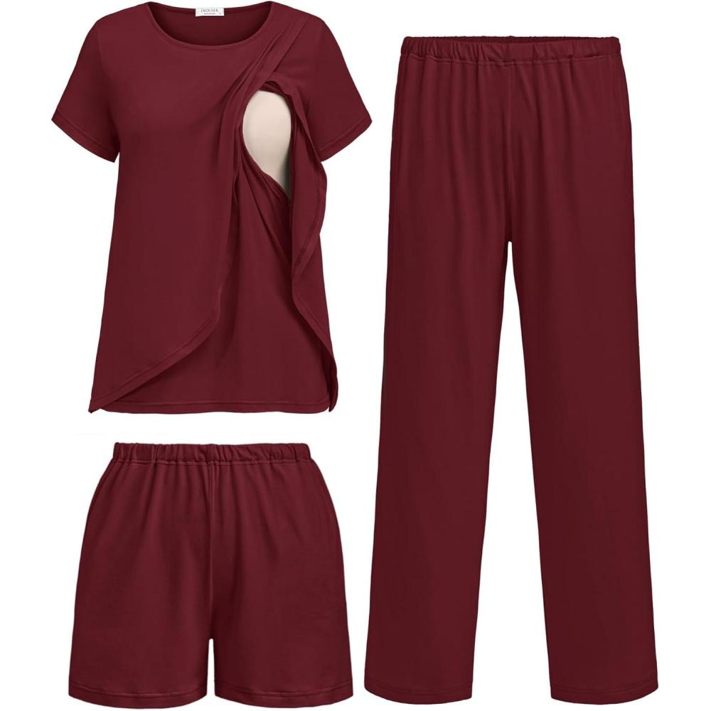 imageEkouaer 3 PCS Maternity Nursing Pajamas Set Postpartum Breastfeeding Short Sleeve Shirts Pregnancy Shorts amp Pants Pjs SXXLWine Red