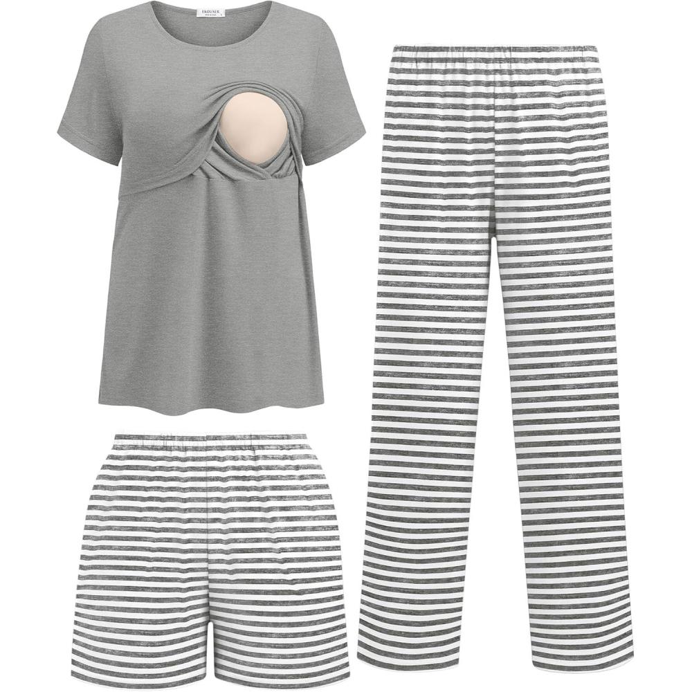 imageEkouaer 3 Piece Postpartum Nursing Pajamas Set Short Sleeve Breastfeeding Shirts Pregnancy Shorts amp Pants Maternity PjsGray Stripes