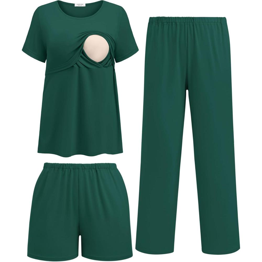 imageEkouaer 3 Piece Postpartum Nursing Pajamas Set Short Sleeve Breastfeeding Shirts Pregnancy Shorts amp Pants Maternity PjsLake Green