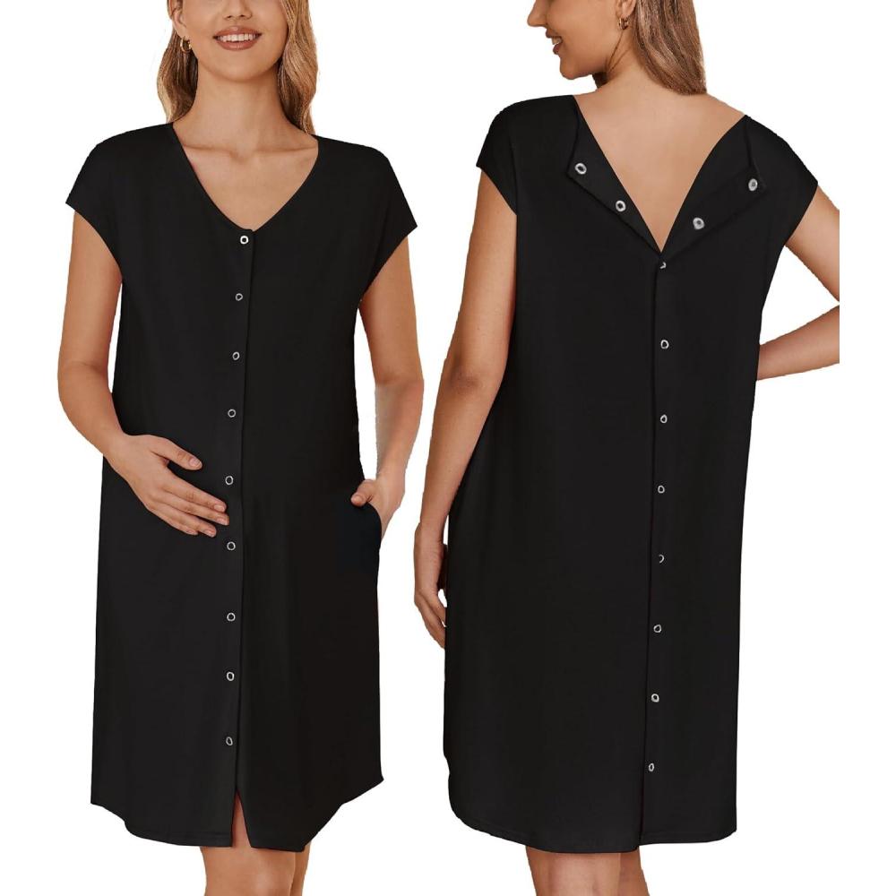 imageEkouaer LaborDeliveryHospital Gown Nursing Nightgown Maternity Sleepwear With Pockets Postpartum Gowns with Button SXXLBlack