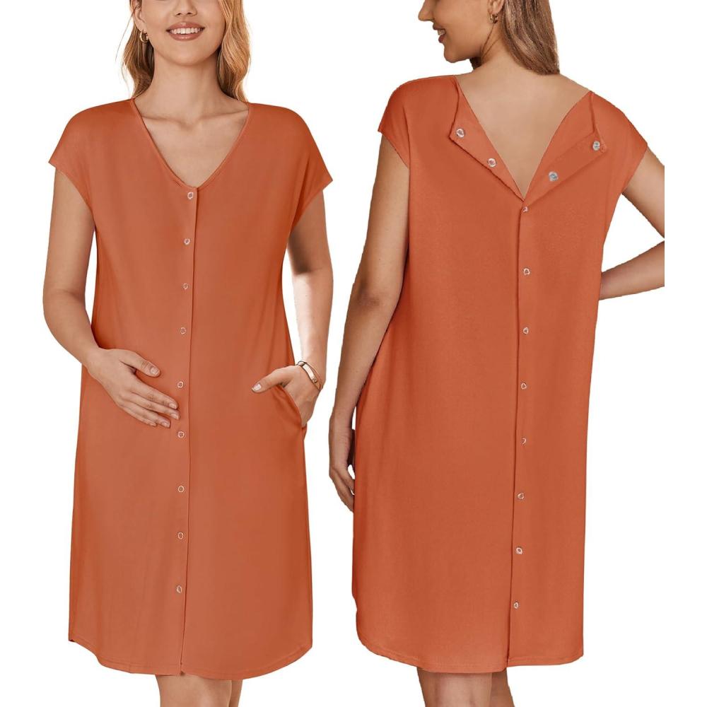 imageEkouaer LaborDeliveryHospital Gown Nursing Nightgown Maternity Sleepwear With Pockets Postpartum Gowns with Button SXXLBrick Red