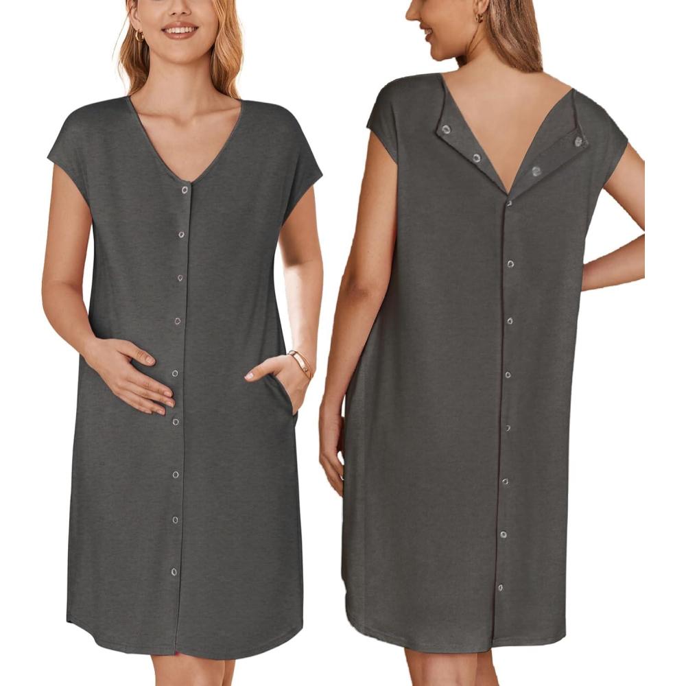 imageEkouaer LaborDeliveryHospital Gown Nursing Nightgown Maternity Sleepwear With Pockets Postpartum Gowns with Button SXXLDark Grey