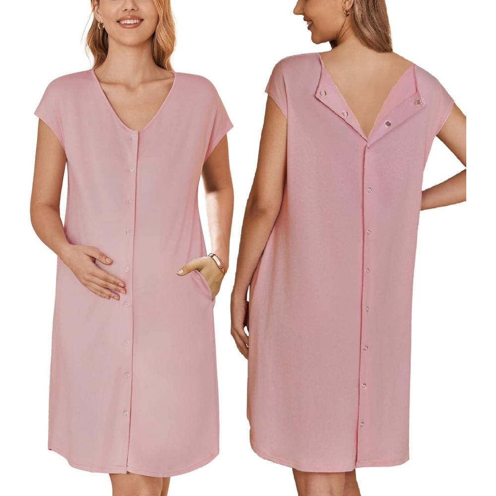 imageEkouaer LaborDeliveryHospital Gown Nursing Nightgown Maternity Sleepwear With Pockets Postpartum Gowns with Button SXXLDusty Rose
