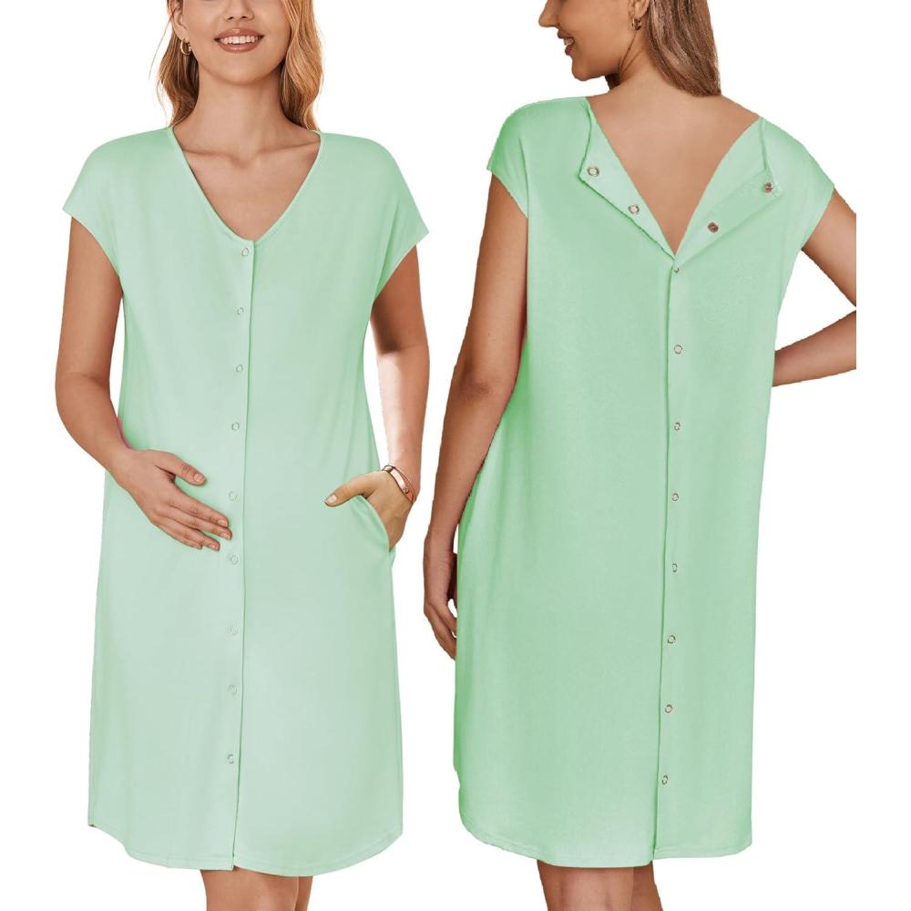 imageEkouaer LaborDeliveryHospital Gown Nursing Nightgown Maternity Sleepwear With Pockets Postpartum Gowns with Button SXXLGreen