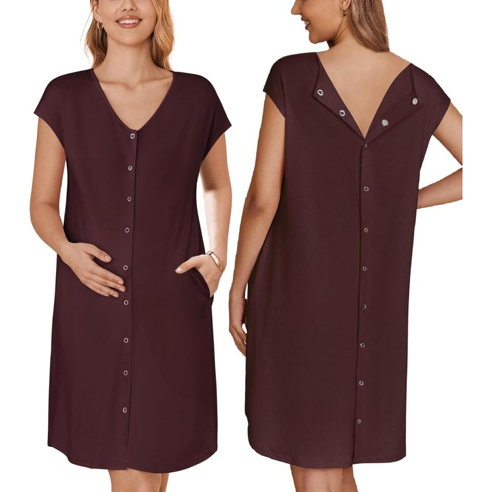 imageEkouaer LaborDeliveryHospital Gown Nursing Nightgown Maternity Sleepwear With Pockets Postpartum Gowns with Button SXXLMaroon