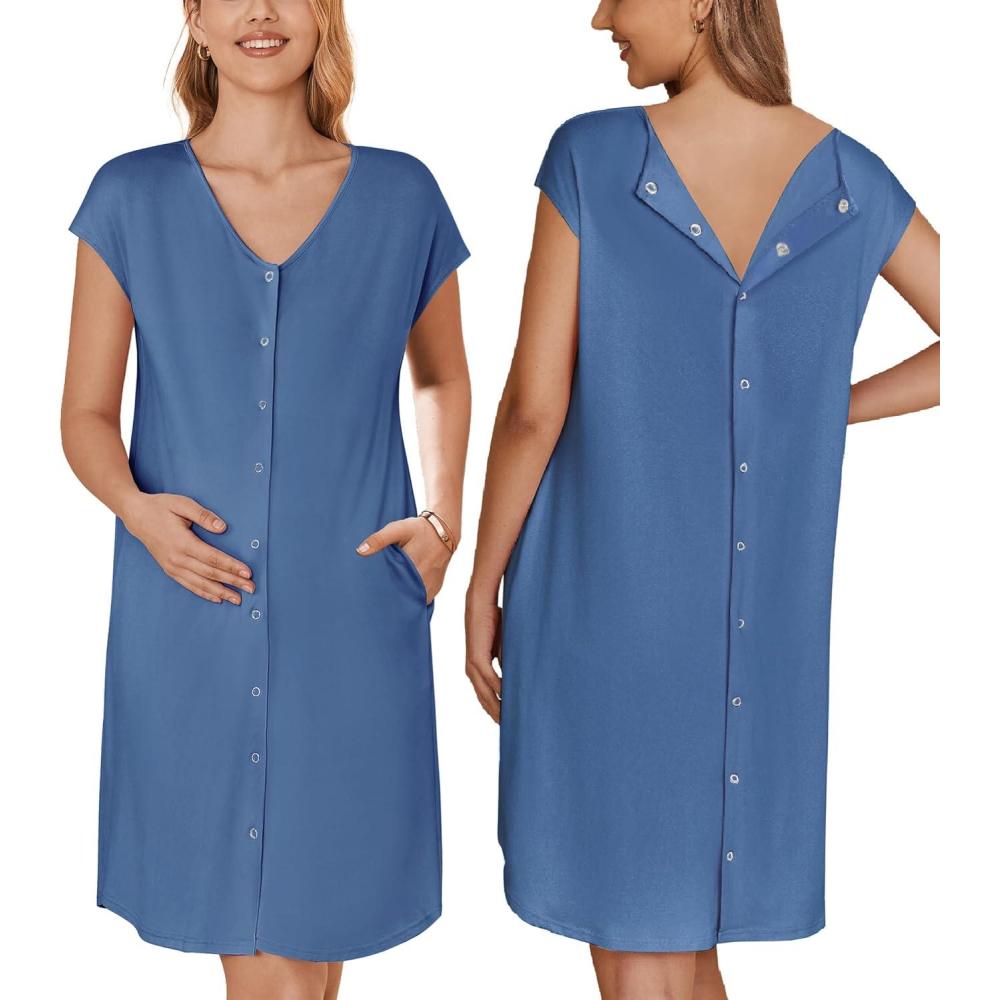 imageEkouaer LaborDeliveryHospital Gown Nursing Nightgown Maternity Sleepwear With Pockets Postpartum Gowns with Button SXXLNavy Blue