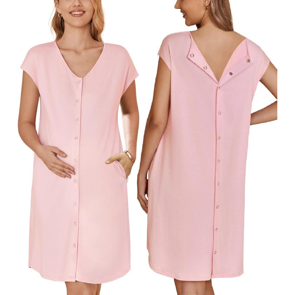 imageEkouaer LaborDeliveryHospital Gown Nursing Nightgown Maternity Sleepwear With Pockets Postpartum Gowns with Button SXXLPink