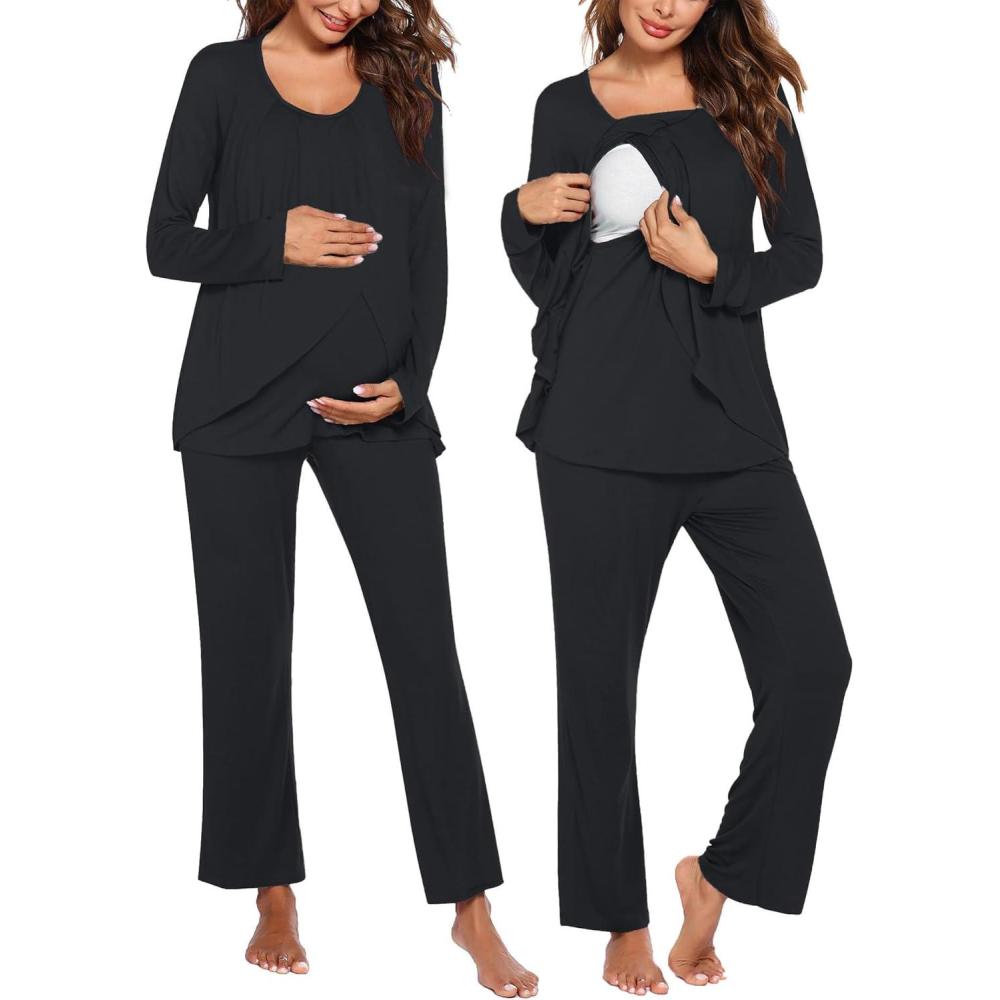 imageEkouaer Maternity Nursing Pajama Set Long Sleeve Top amp Pants with Pockets Breastfeeding Sleepwear Double Layer PregnancyA Black