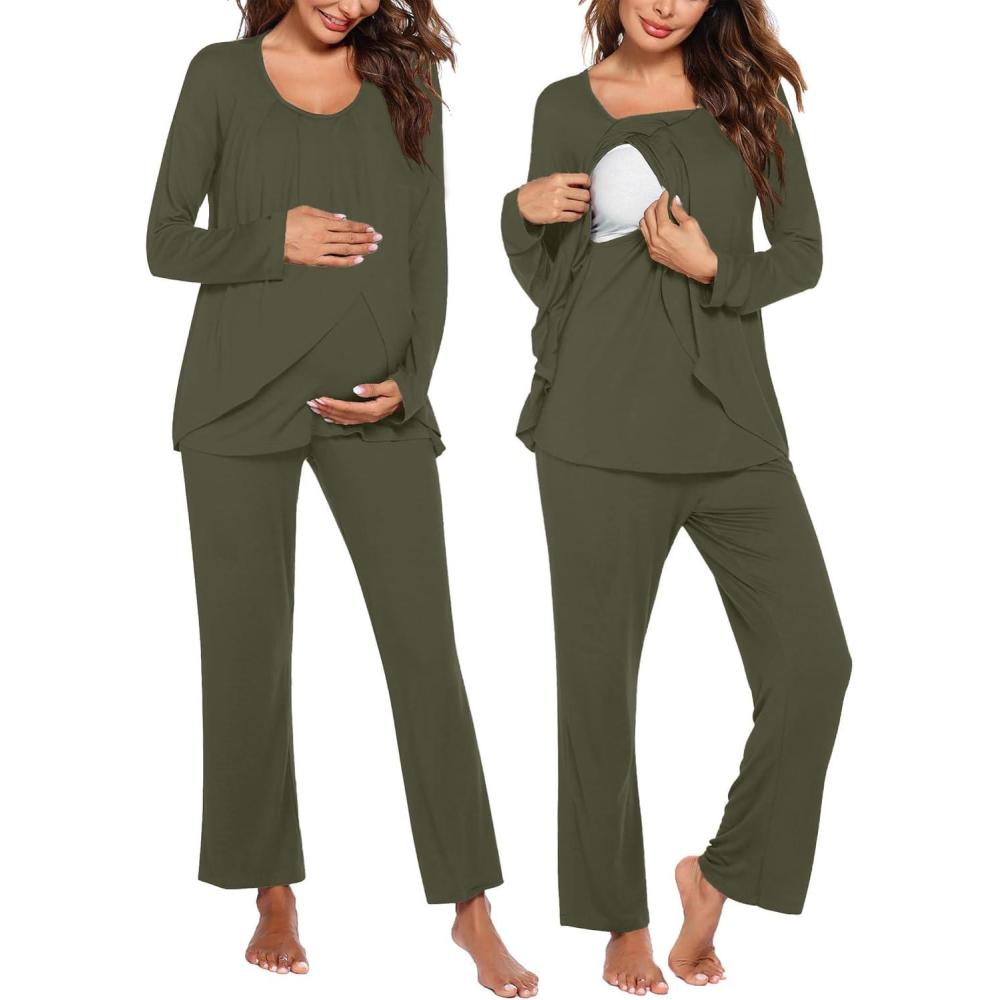 imageEkouaer Maternity Nursing Pajama Set Long Sleeve Top amp Pants with Pockets Breastfeeding Sleepwear Double Layer PregnancyArmy Green