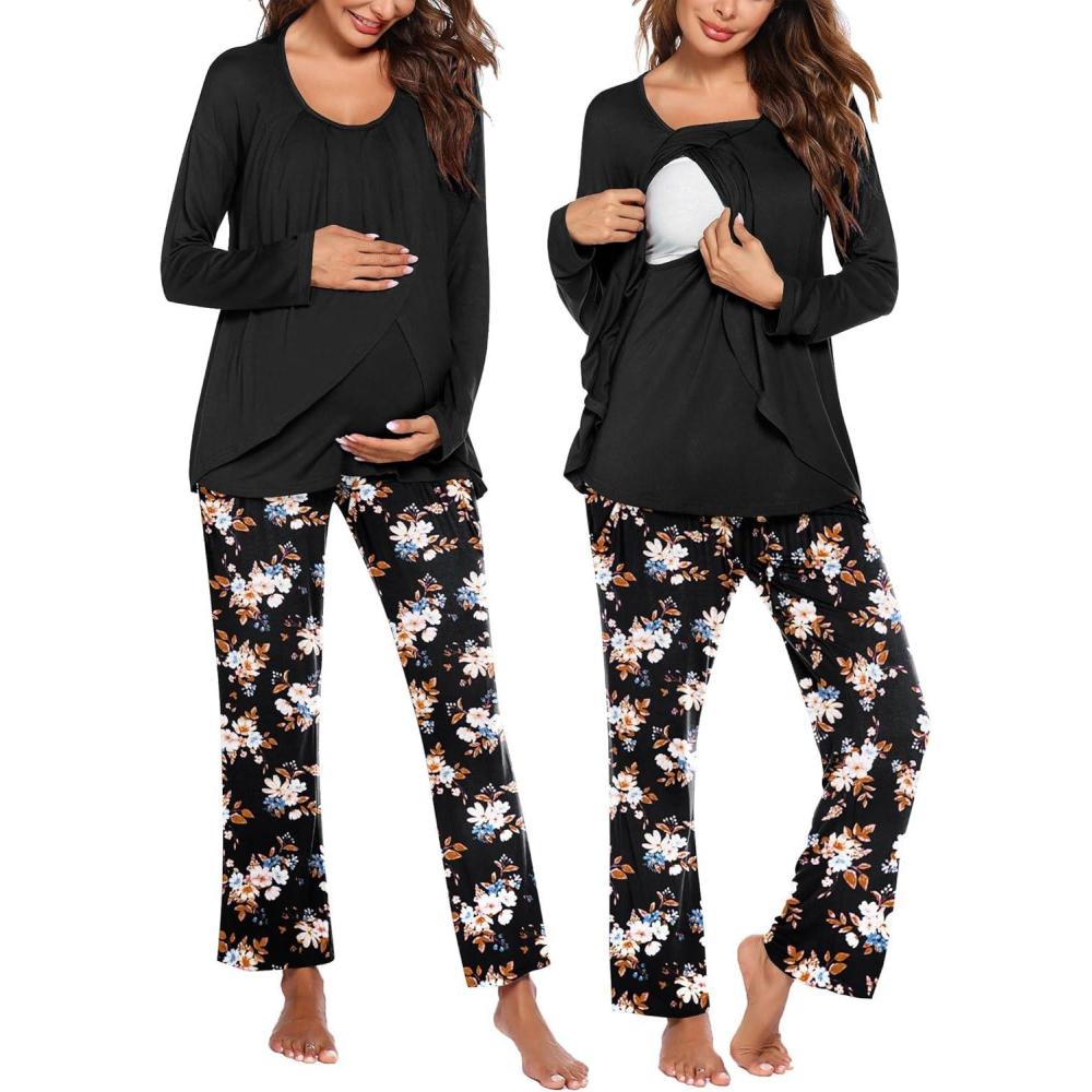 imageEkouaer Maternity Nursing Pajama Set Long Sleeve Top amp Pants with Pockets Breastfeeding Sleepwear Double Layer PregnancyBlack Floral