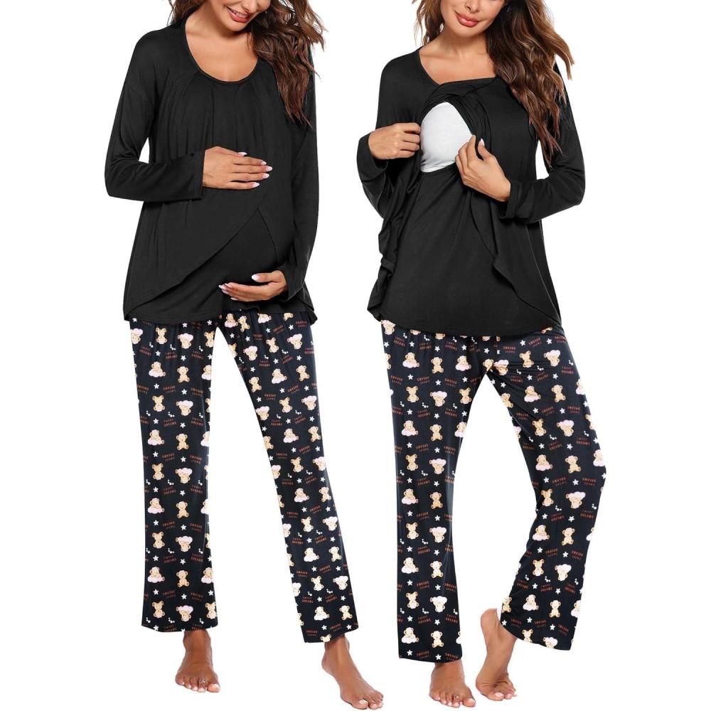 imageEkouaer Maternity Nursing Pajama Set Long Sleeve Top amp Pants with Pockets Breastfeeding Sleepwear Double Layer PregnancyBlack Star Beer