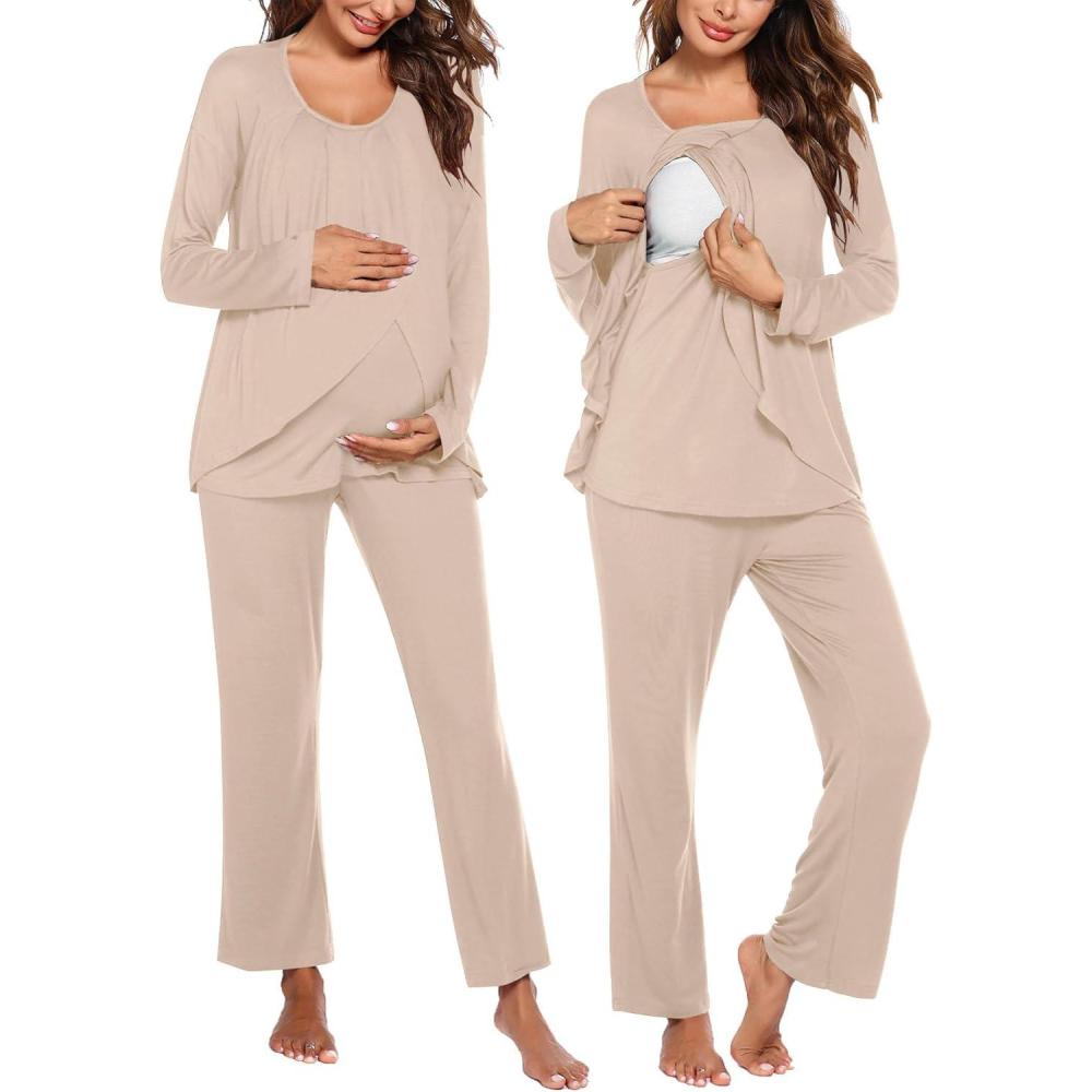 imageEkouaer Maternity Nursing Pajama Set Long Sleeve Top amp Pants with Pockets Breastfeeding Sleepwear Double Layer PregnancyKhaki
