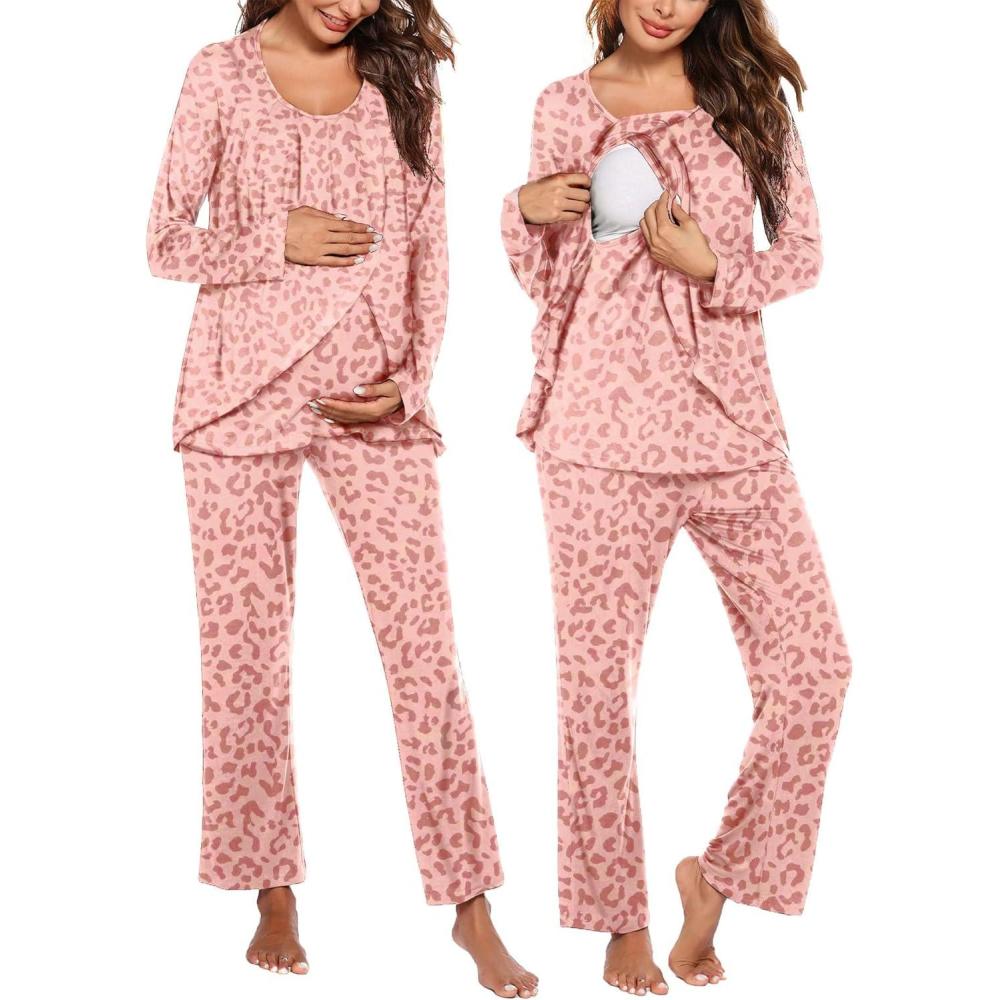 imageEkouaer Maternity Nursing Pajama Set Long Sleeve Top amp Pants with Pockets Breastfeeding Sleepwear Double Layer PregnancyLeopard Pink