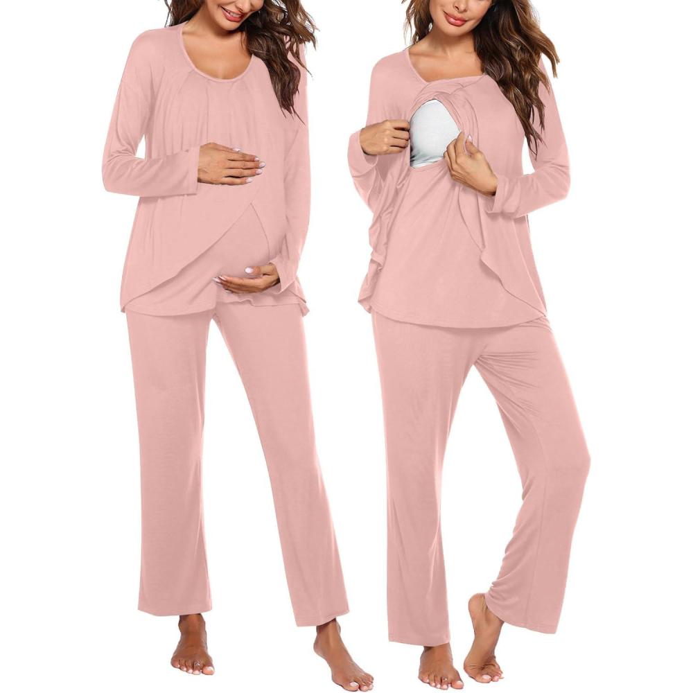 imageEkouaer Maternity Nursing Pajama Set Long Sleeve Top amp Pants with Pockets Breastfeeding Sleepwear Double Layer PregnancyMisty Pink
