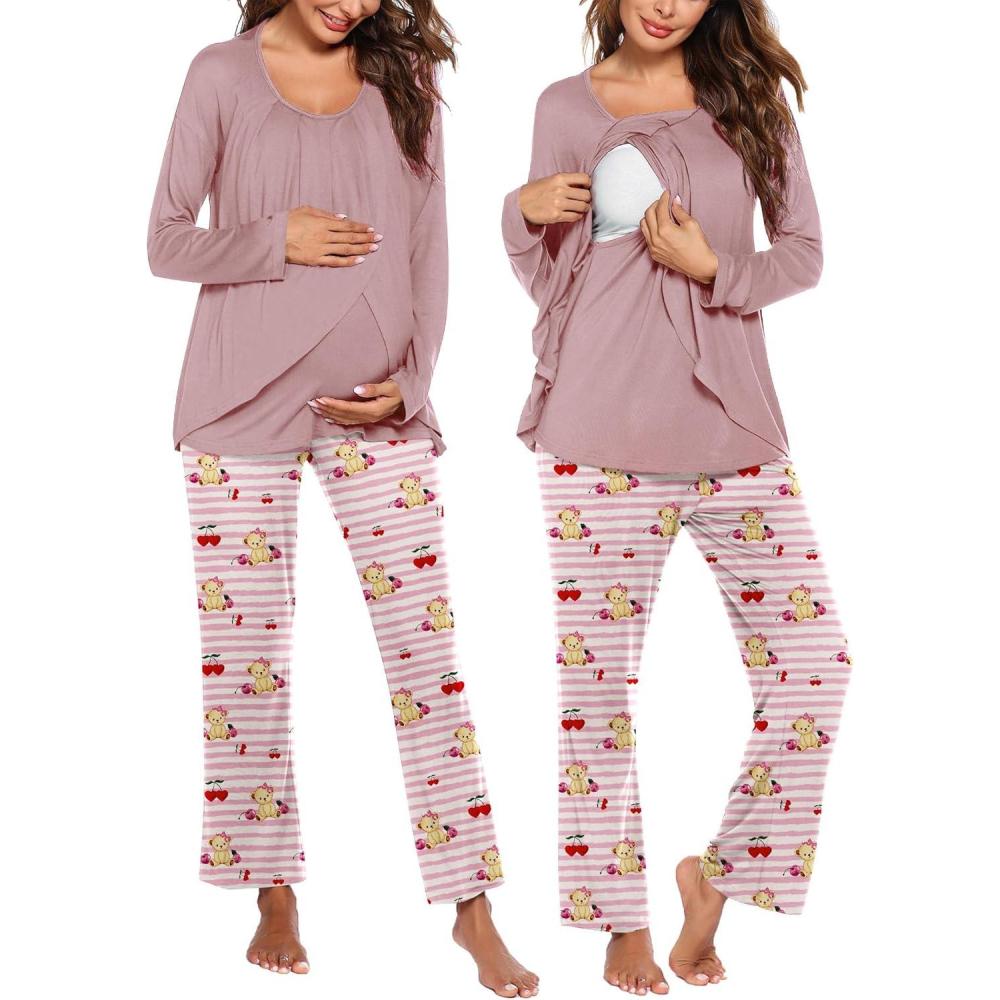 imageEkouaer Maternity Nursing Pajama Set Long Sleeve Top amp Pants with Pockets Breastfeeding Sleepwear Double Layer PregnancyPink Beer Stripe