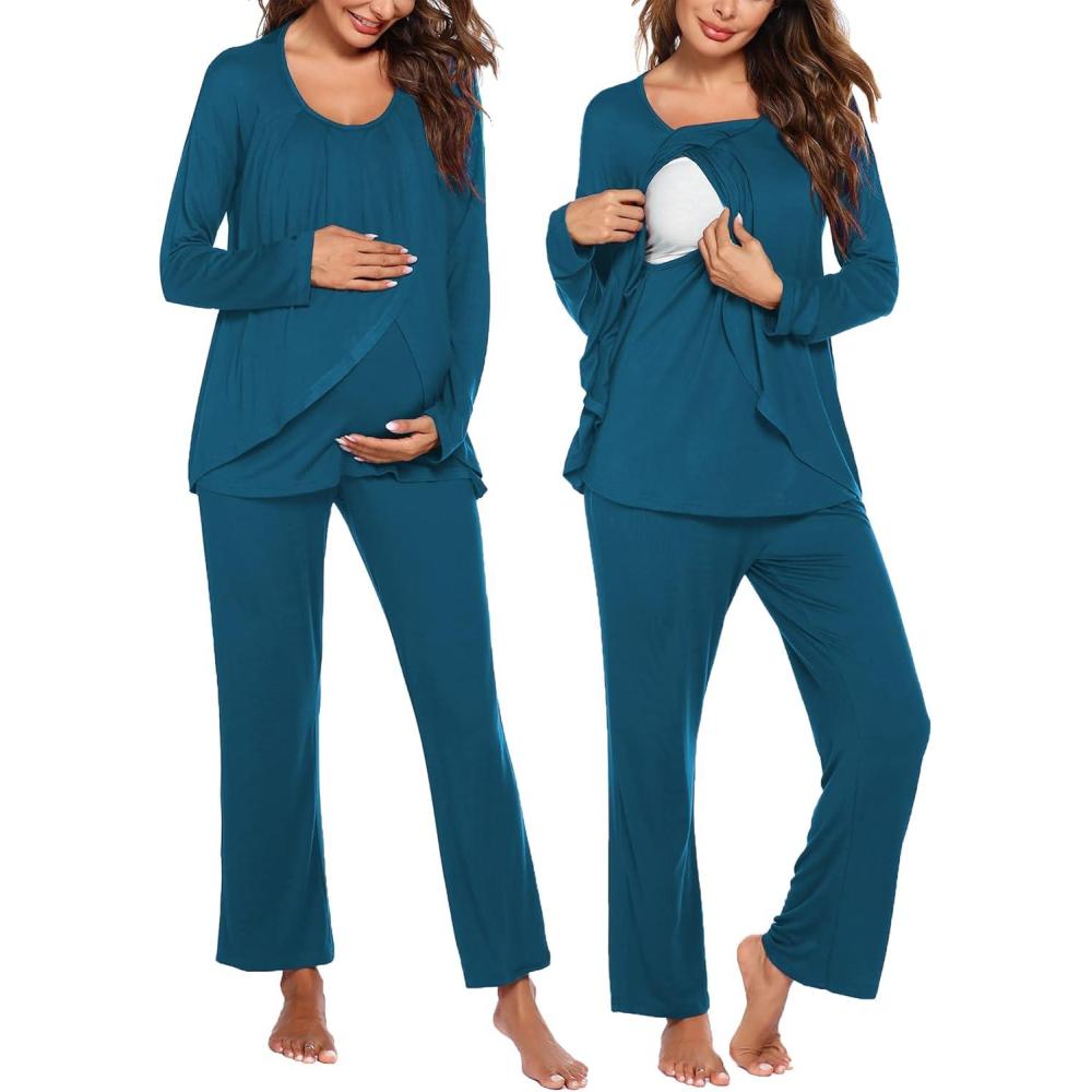 imageEkouaer Maternity Nursing Pajama Set Long Sleeve Top amp Pants with Pockets Breastfeeding Sleepwear Double Layer PregnancyTeal