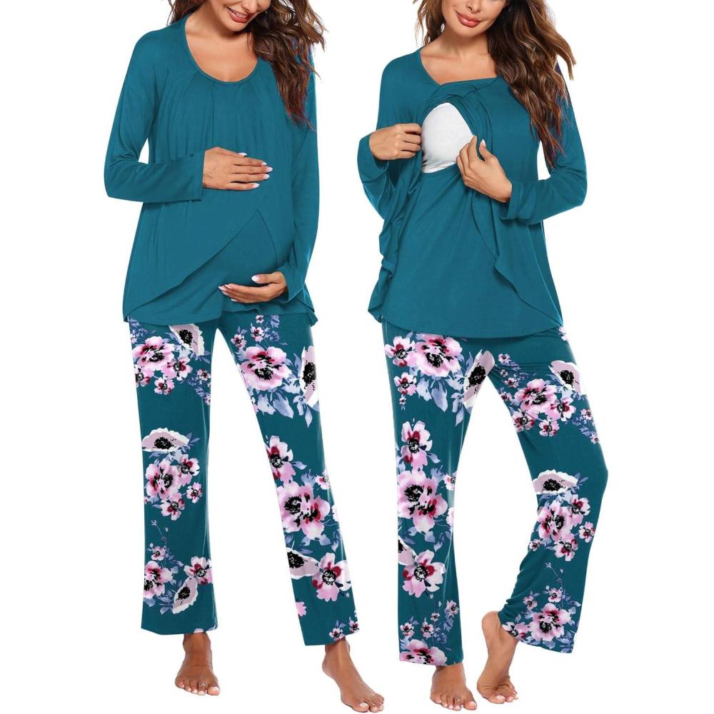 imageEkouaer Maternity Nursing Pajama Set Long Sleeve Top amp Pants with Pockets Breastfeeding Sleepwear Double Layer PregnancyTealPink Floral