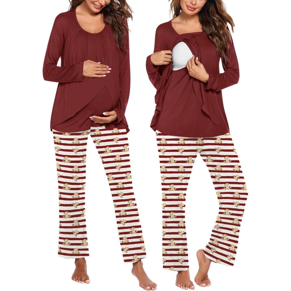 imageEkouaer Maternity Nursing Pajama Set Long Sleeve Top amp Pants with Pockets Breastfeeding Sleepwear Double Layer PregnancyWine Beer Stripe