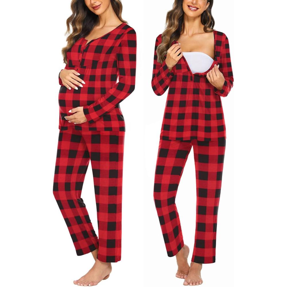 imageEkouaer Maternity Nursing Pajama Sets Labor Delivery Pjs Long Sleeve Breastfeeding Pajamas Pregnancy Sleepwear SetRed Black Plaid