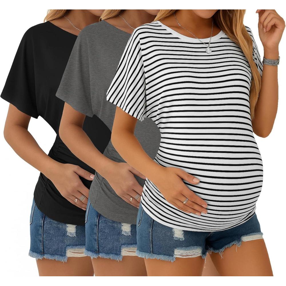 imageEkouaer Maternity Shirts 3 Packs Dolman Sleeve Side Ruched Tops Tunic Casual Pregnancy ClothesBlackGrayWhite