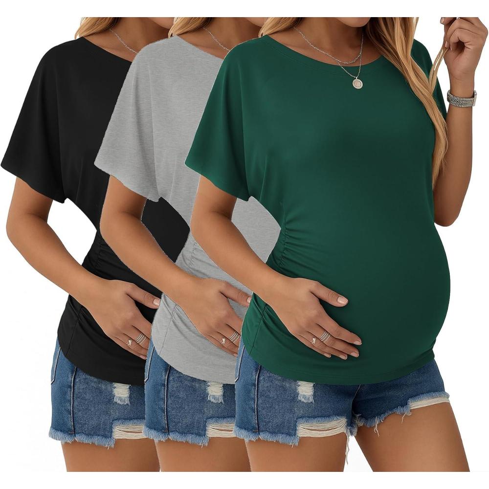imageEkouaer Maternity Shirts 3 Packs Dolman Sleeve Side Ruched Tops Tunic Casual Pregnancy ClothesBlackGreenGray