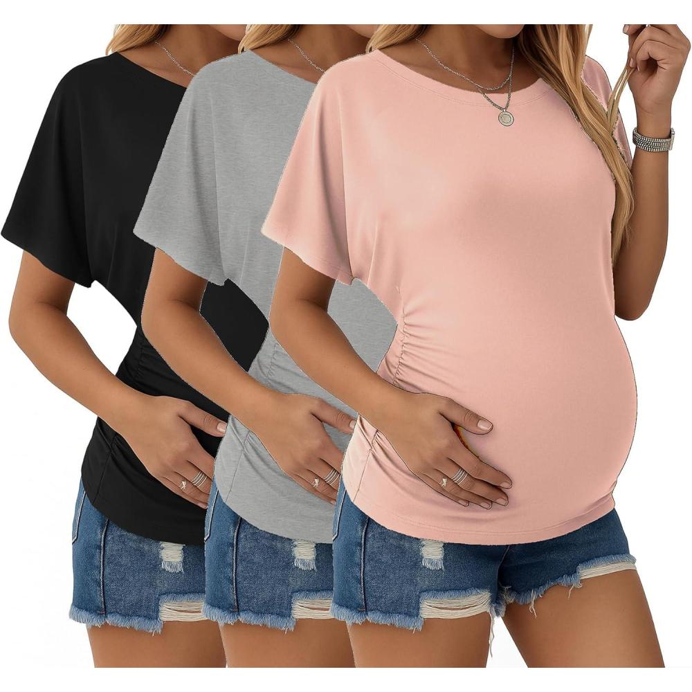 imageEkouaer Maternity Shirts 3 Packs Dolman Sleeve Side Ruched Tops Tunic Casual Pregnancy ClothesBlackMisty RoseLight Grey