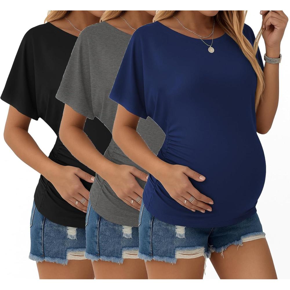 imageEkouaer Maternity Shirts 3 Packs Dolman Sleeve Side Ruched Tops Tunic Casual Pregnancy ClothesBlackNavy BlueDark Gray