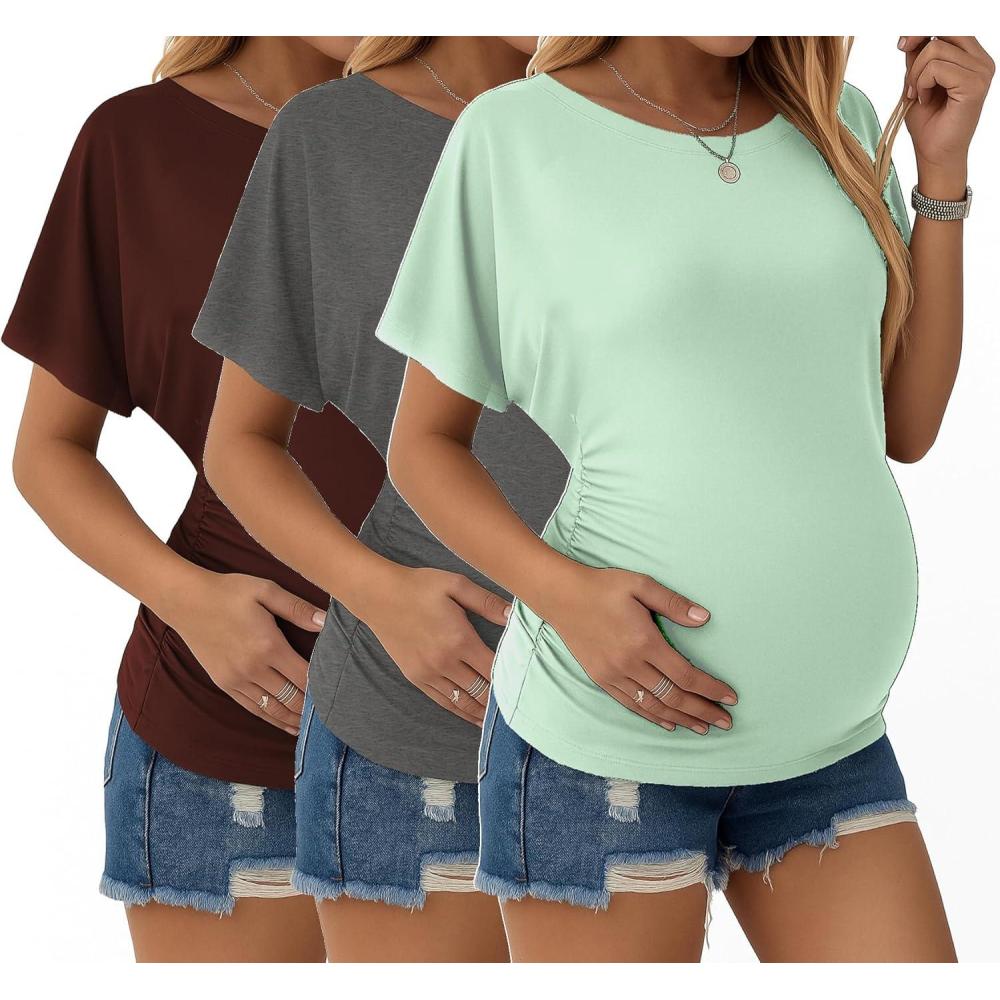 imageEkouaer Maternity Shirts 3 Packs Dolman Sleeve Side Ruched Tops Tunic Casual Pregnancy ClothesGrayDark RedGreen