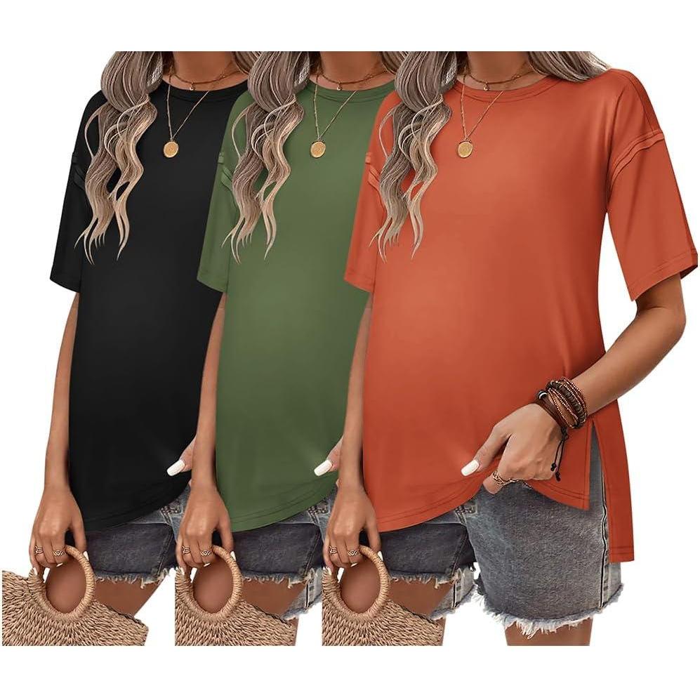 imageEkouaer Maternity Shirts 3 Packs Short Sleeve Womens Oversized Pregnancy Tops Split Side Postpartum Blouse Clothes SXXLBlackArmy GreenBrick Red