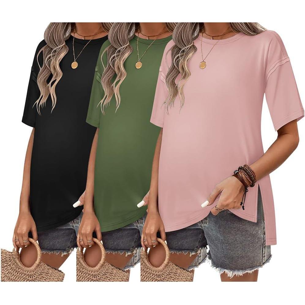 imageEkouaer Maternity Shirts 3 Packs Short Sleeve Womens Oversized Pregnancy Tops Split Side Postpartum Blouse Clothes SXXLBlackArmy GreenDirty Pink