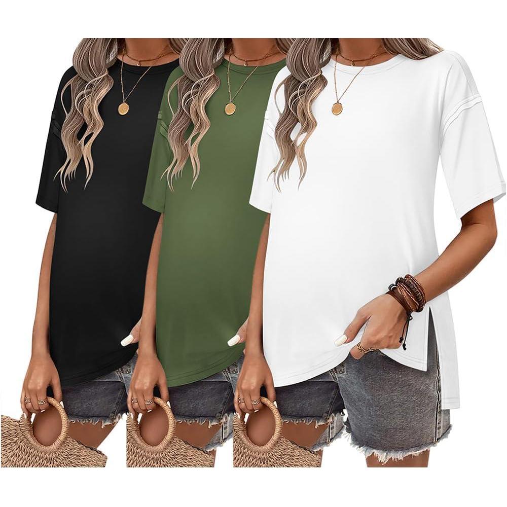 imageEkouaer Maternity Shirts 3 Packs Short Sleeve Womens Oversized Pregnancy Tops Split Side Postpartum Blouse Clothes SXXLBlackArmy GreenWhite