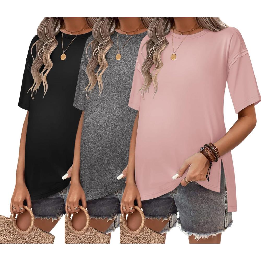 imageEkouaer Maternity Shirts 3 Packs Short Sleeve Womens Oversized Pregnancy Tops Split Side Postpartum Blouse Clothes SXXLBlackDark GrayDirty Pink