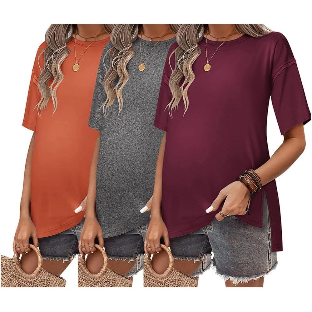 imageEkouaer Maternity Shirts 3 Packs Short Sleeve Womens Oversized Pregnancy Tops Split Side Postpartum Blouse Clothes SXXLBrick RedDark GrayDark Red