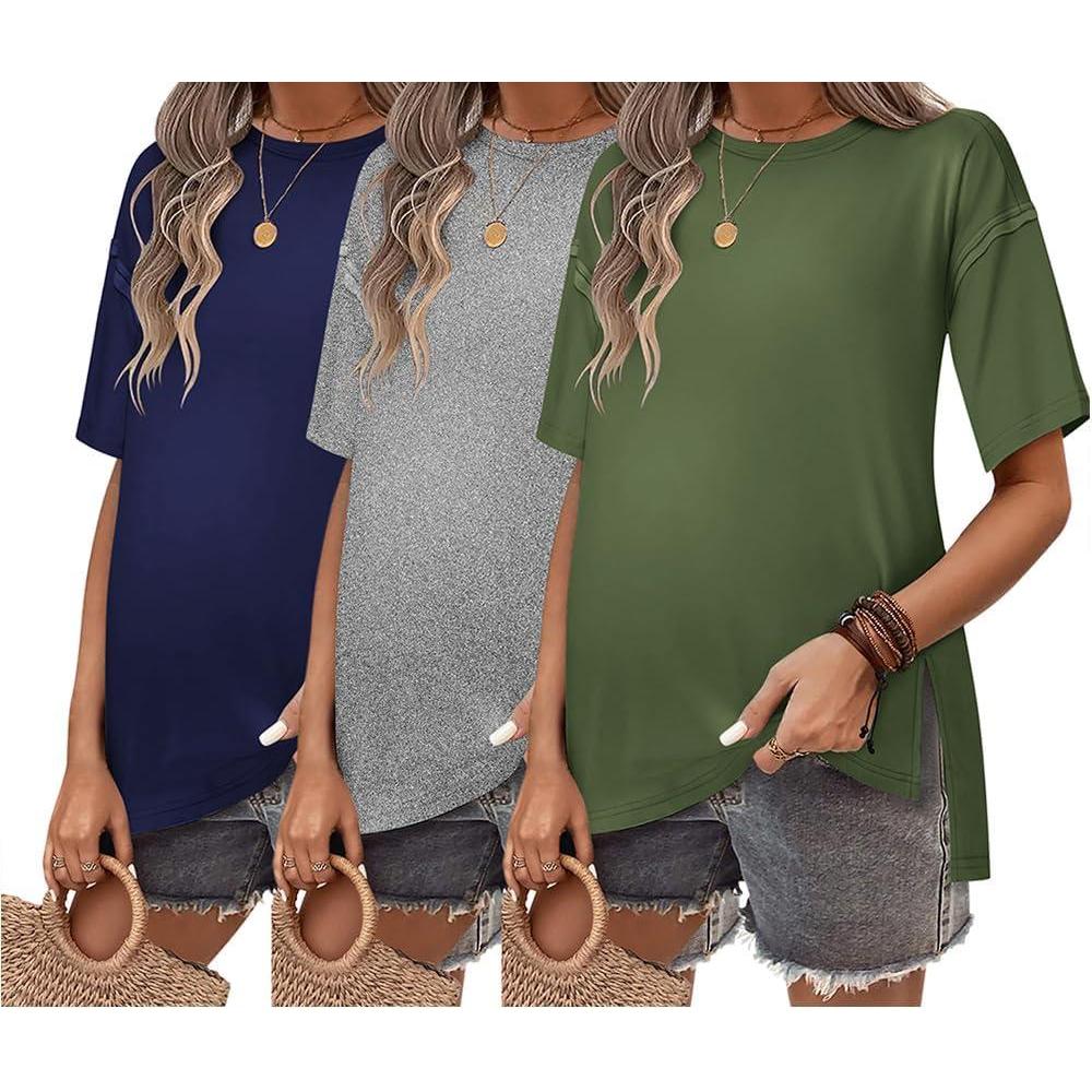 imageEkouaer Maternity Shirts 3 Packs Short Sleeve Womens Oversized Pregnancy Tops Split Side Postpartum Blouse Clothes SXXLNavy BlueLight GrayArmy Green