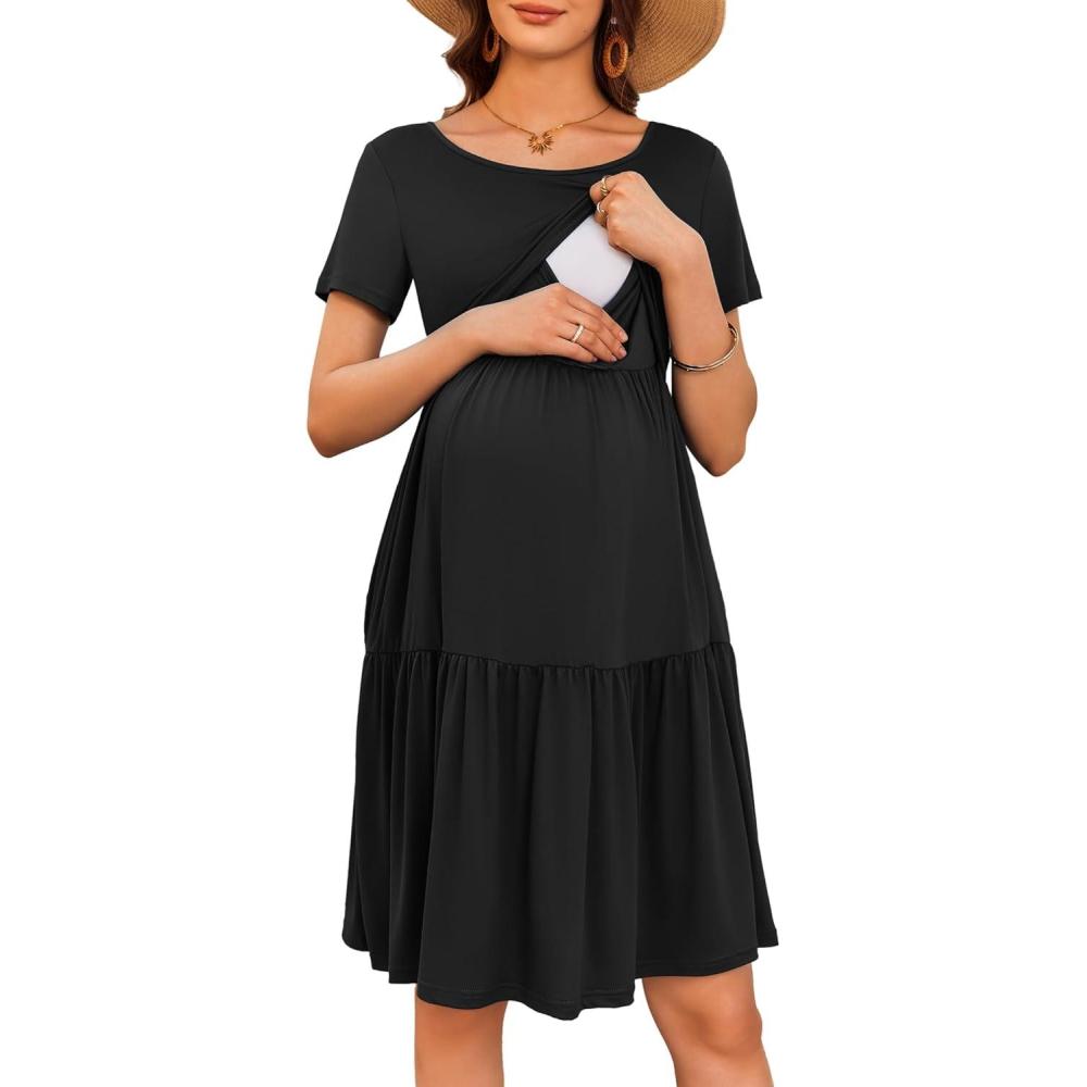 imageEkouaer Nursing Dress Summer Short Sleeve Breastfeeding Casual Knee Length Maternity Dresses SXXLBlack