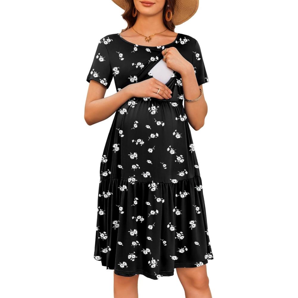 imageEkouaer Nursing Dress Summer Short Sleeve Breastfeeding Casual Knee Length Maternity Dresses SXXLBlack White Floral