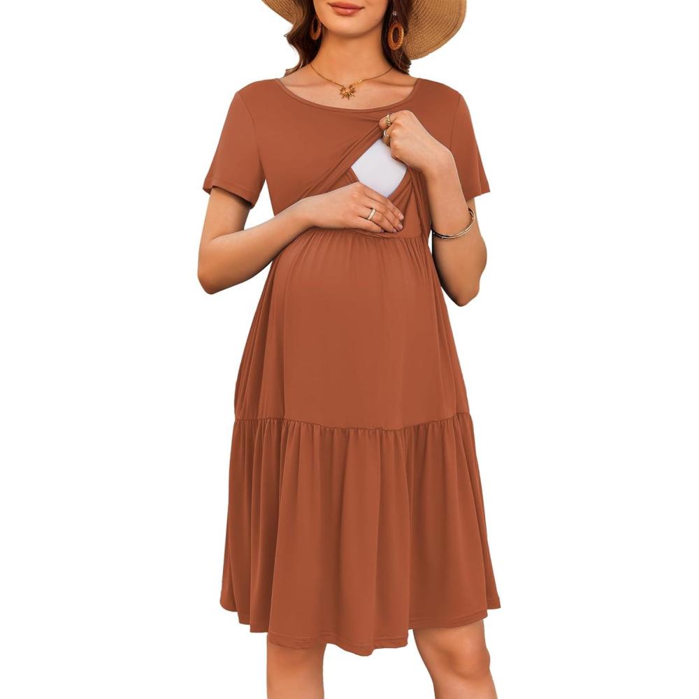 imageEkouaer Nursing Dress Summer Short Sleeve Breastfeeding Casual Knee Length Maternity Dresses SXXLCaramel