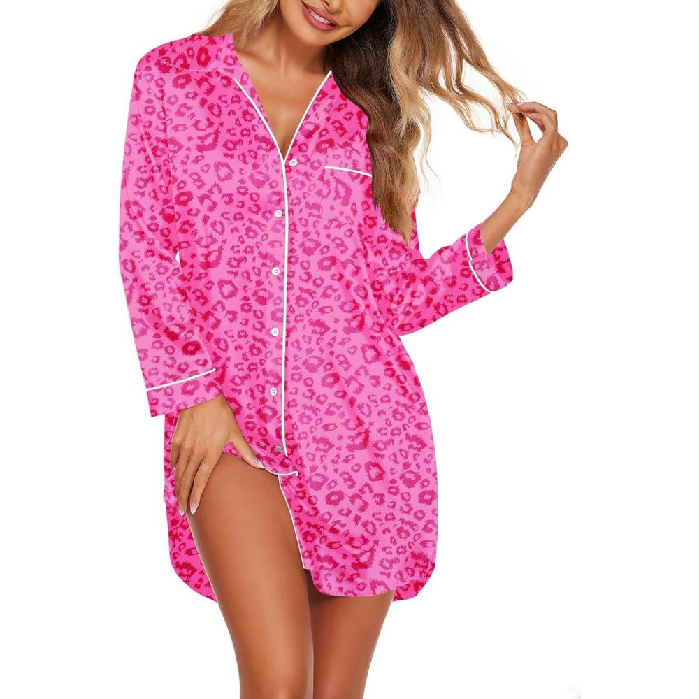 imageEkouaer Satin Nightgowns for Women Button Down Sleep Shirt Silk Night Shirt Long Sleeve Boyfriend Sleepwear S3XLPink Leopard Print