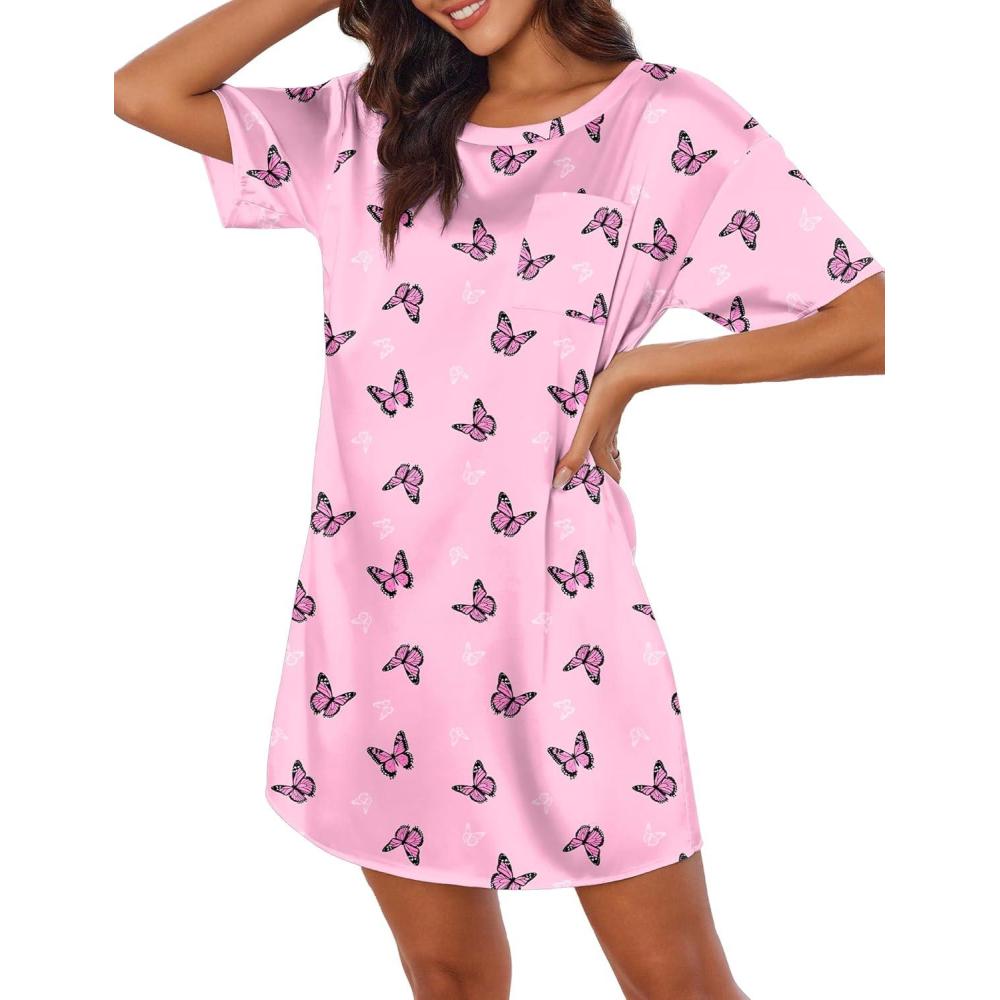 imageEkouaer Silk Sleep Shirts for Women Satin Nightshirt Tshirt Nightgown Sleepwear Shirt Dress With Chest Pocket S2XLButterfly Deep Pink
