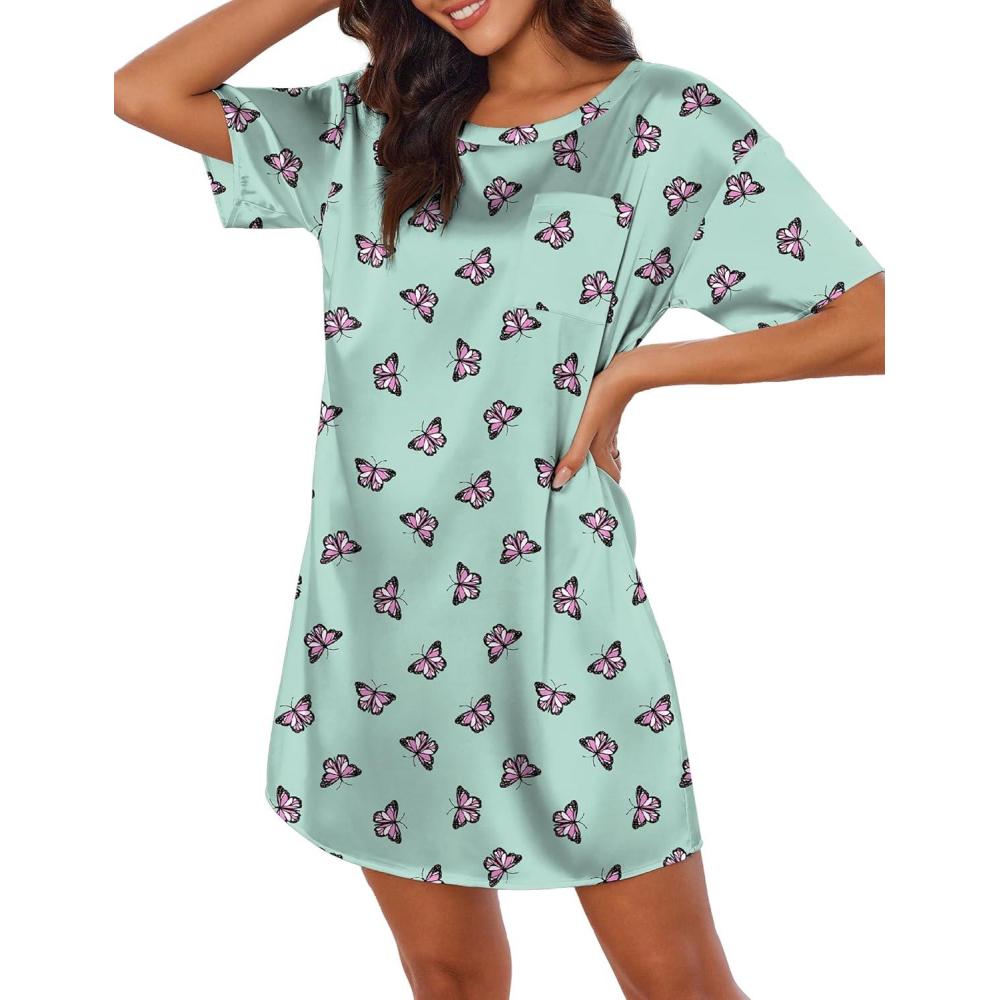 imageEkouaer Silk Sleep Shirts for Women Satin Nightshirt Tshirt Nightgown Sleepwear Shirt Dress With Chest Pocket S2XLButterfly Green