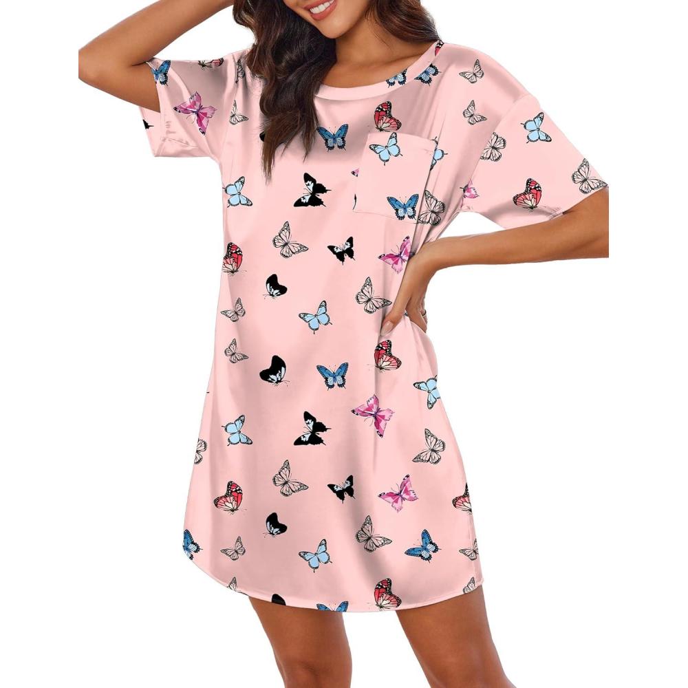 imageEkouaer Silk Sleep Shirts for Women Satin Nightshirt Tshirt Nightgown Sleepwear Shirt Dress With Chest Pocket S2XLButterfly Pink