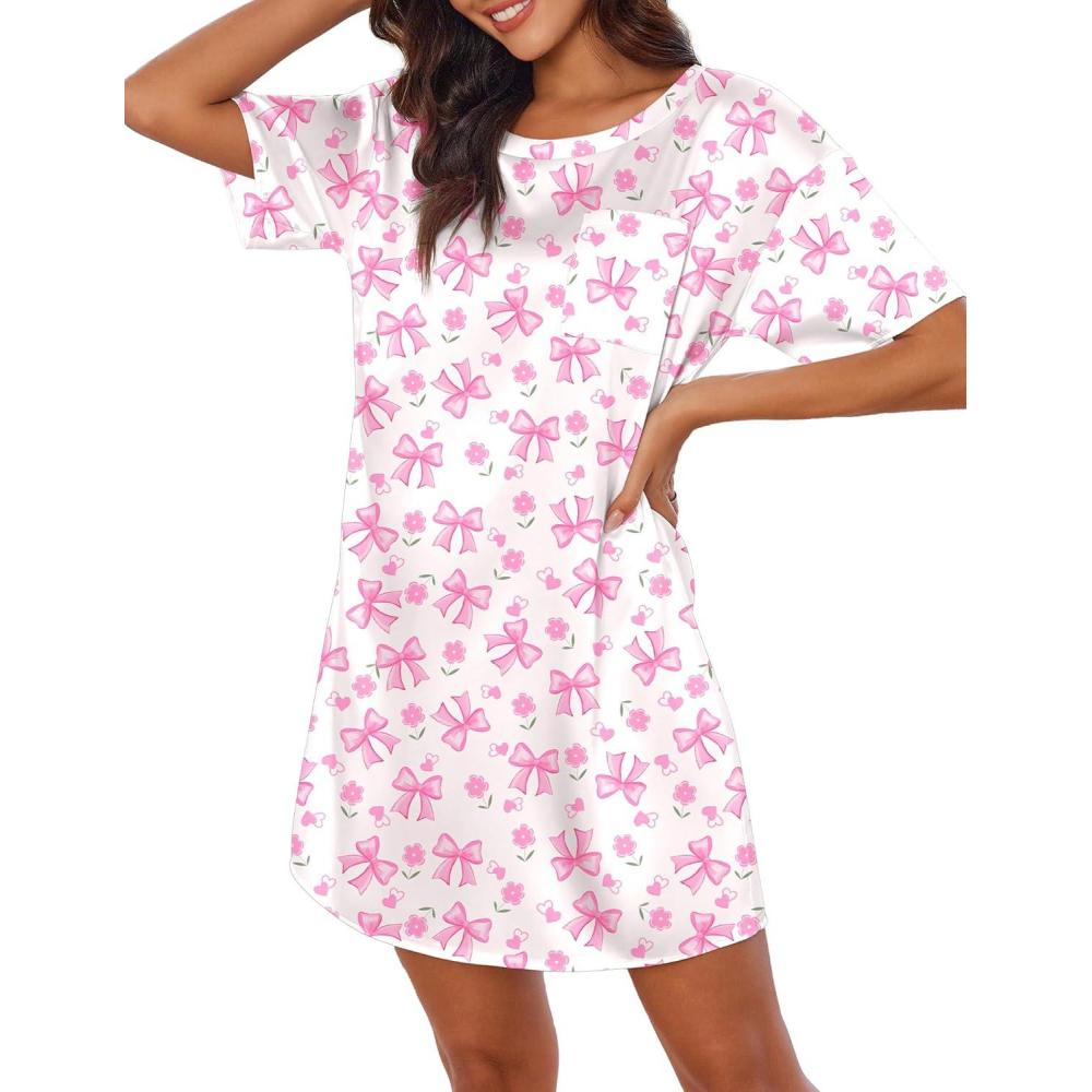 imageEkouaer Silk Sleep Shirts for Women Satin Nightshirt Tshirt Nightgown Sleepwear Shirt Dress With Chest Pocket S2XLPink Bow