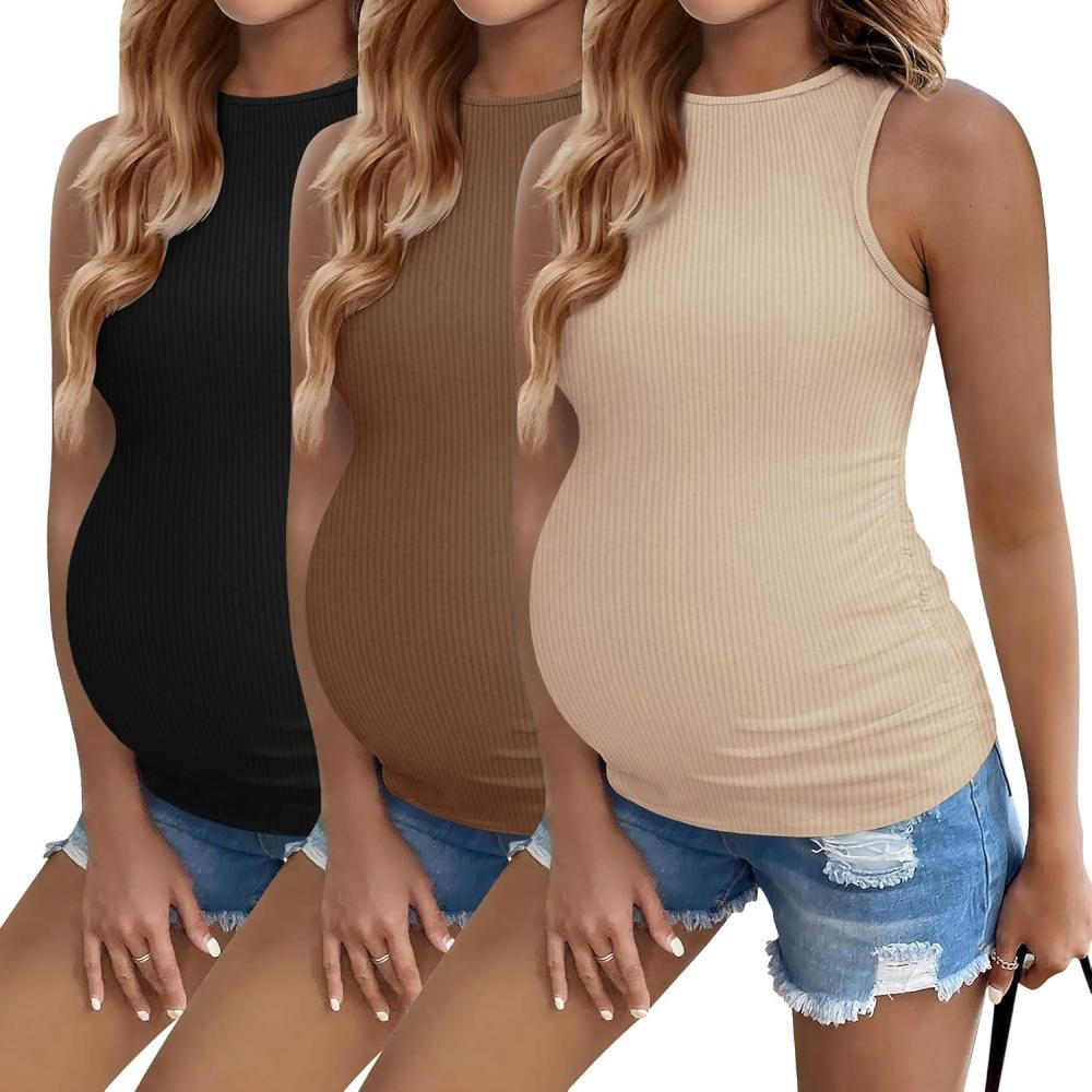 imageEkouaer Women Maternity Tank Tops 3 Packs Crew Neck Ribbed Pregnancy Shirts Mama Clothes3pcs Black Brown Beige