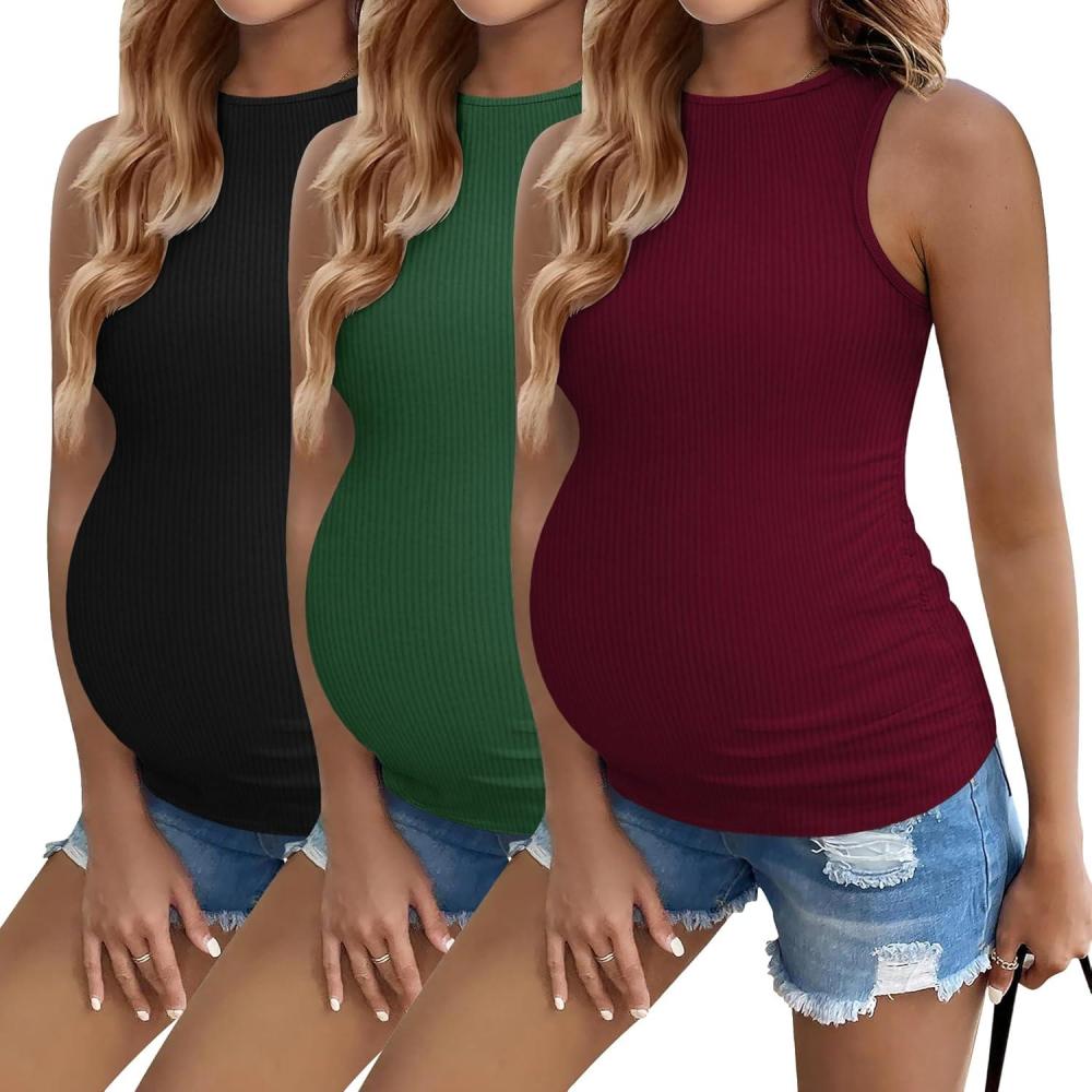 imageEkouaer Women Maternity Tank Tops 3 Packs Crew Neck Ribbed Pregnancy Shirts Mama Clothes3pcs Black Burgundy Red Dark Green