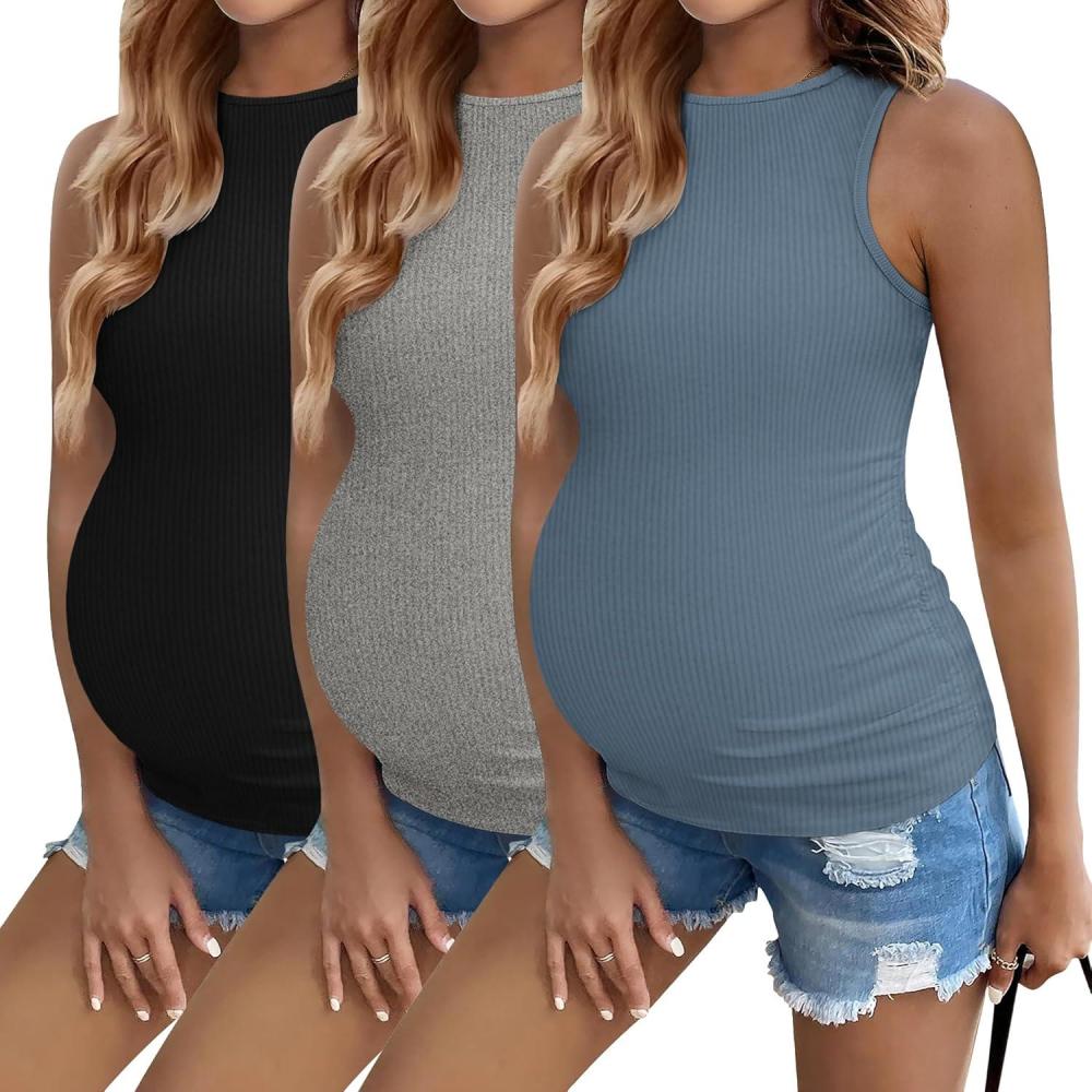 imageEkouaer Women Maternity Tank Tops 3 Packs Crew Neck Ribbed Pregnancy Shirts Mama Clothes3pcs Black Grey Gray Blue