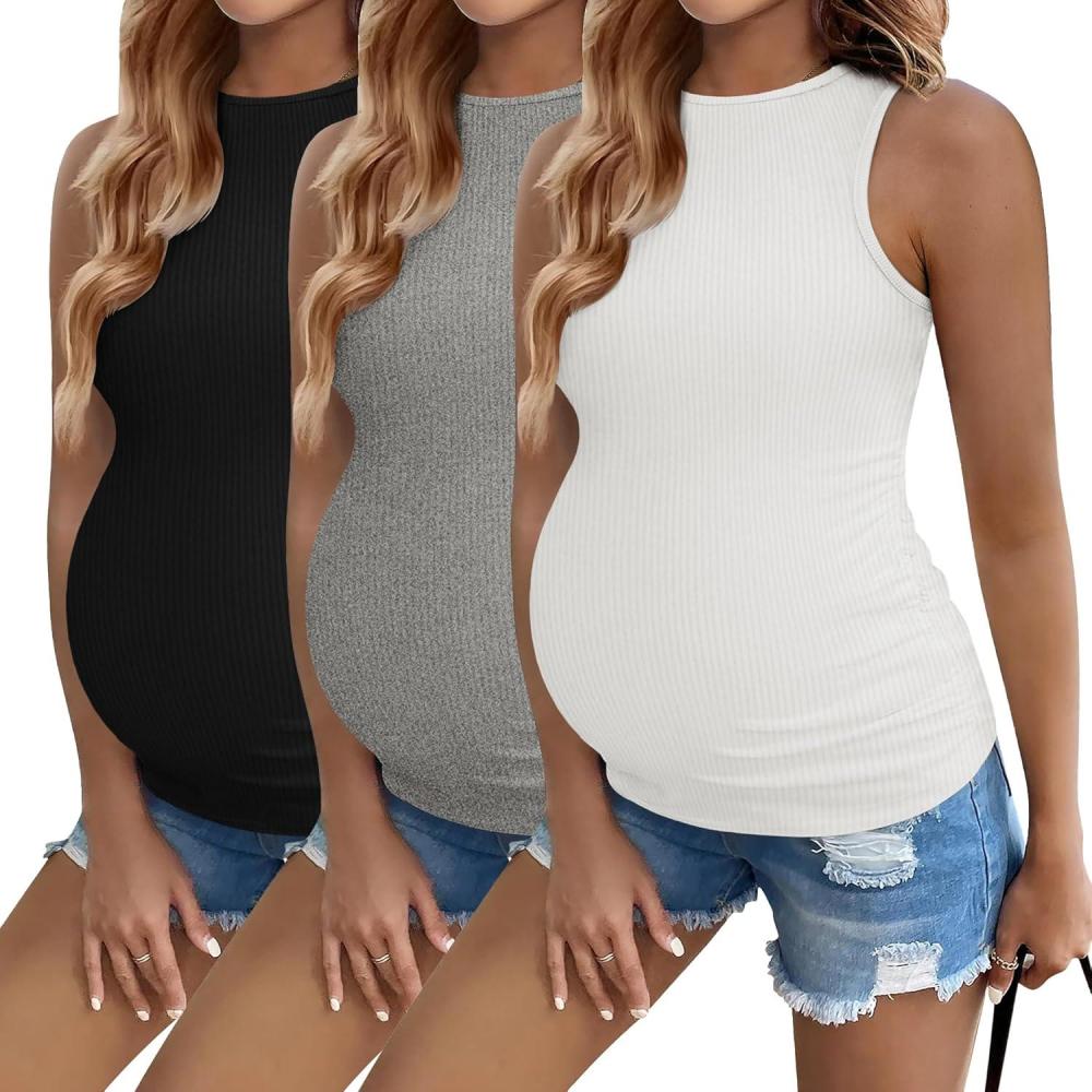 imageEkouaer Women Maternity Tank Tops 3 Packs Crew Neck Ribbed Pregnancy Shirts Mama Clothes3pcs Black White Grey