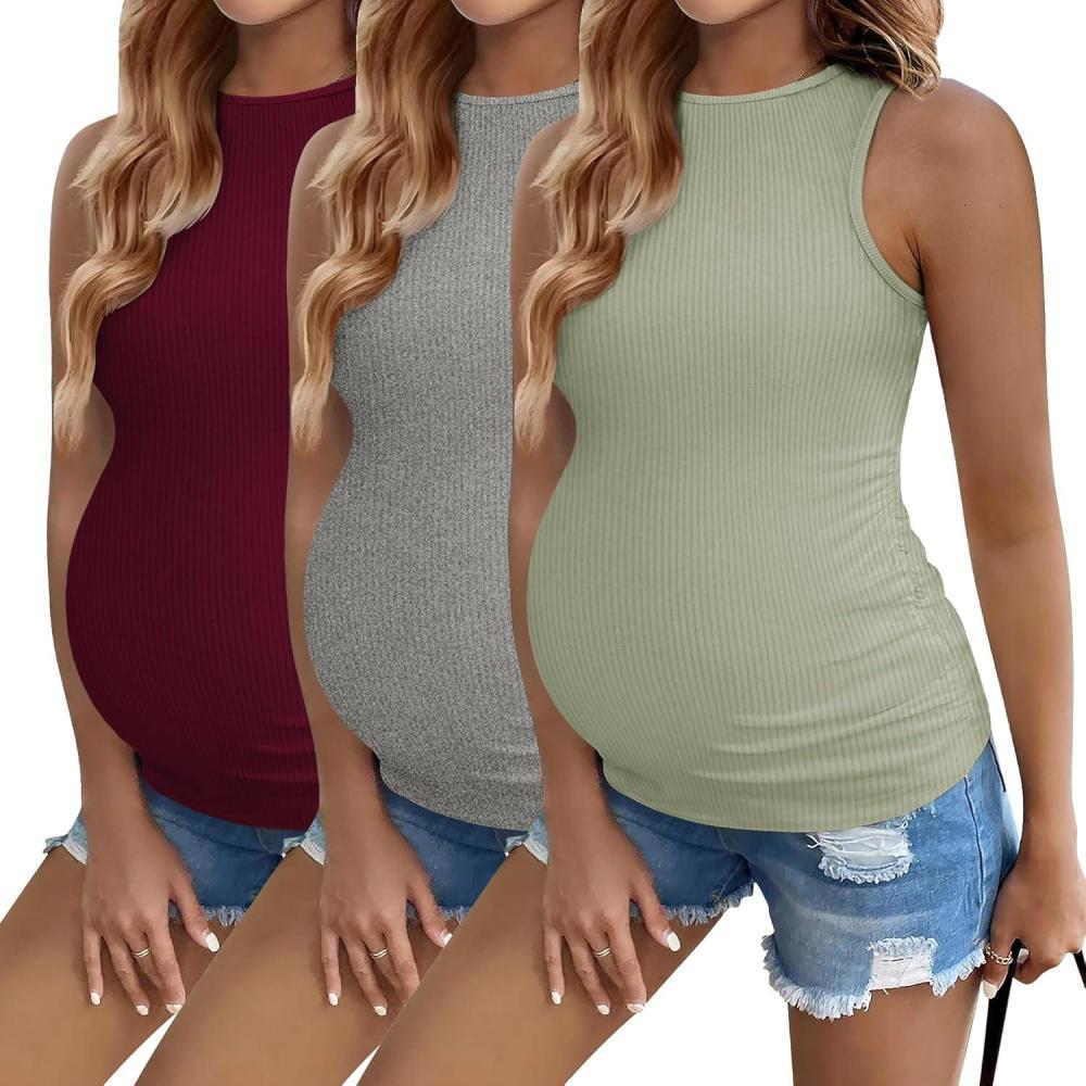 imageEkouaer Women Maternity Tank Tops 3 Packs Crew Neck Ribbed Pregnancy Shirts Mama Clothes3pcs Burgundy Red Grey Light Green